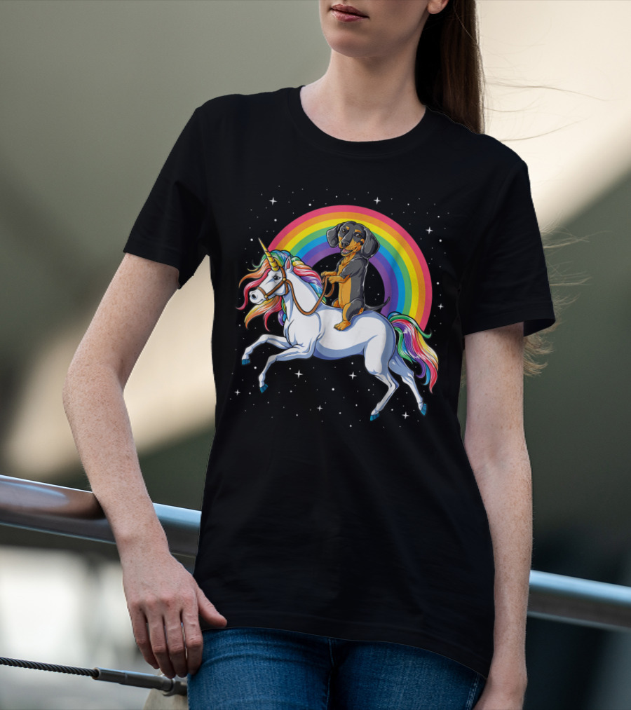 Dachshund Riding Unicorn Space Galaxy Rainbow Kids Women T-Shirt