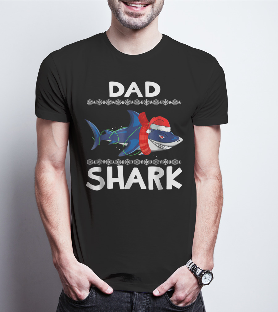Dad Shark Christmas Family Santa Hat Snowflakes T-Shirt