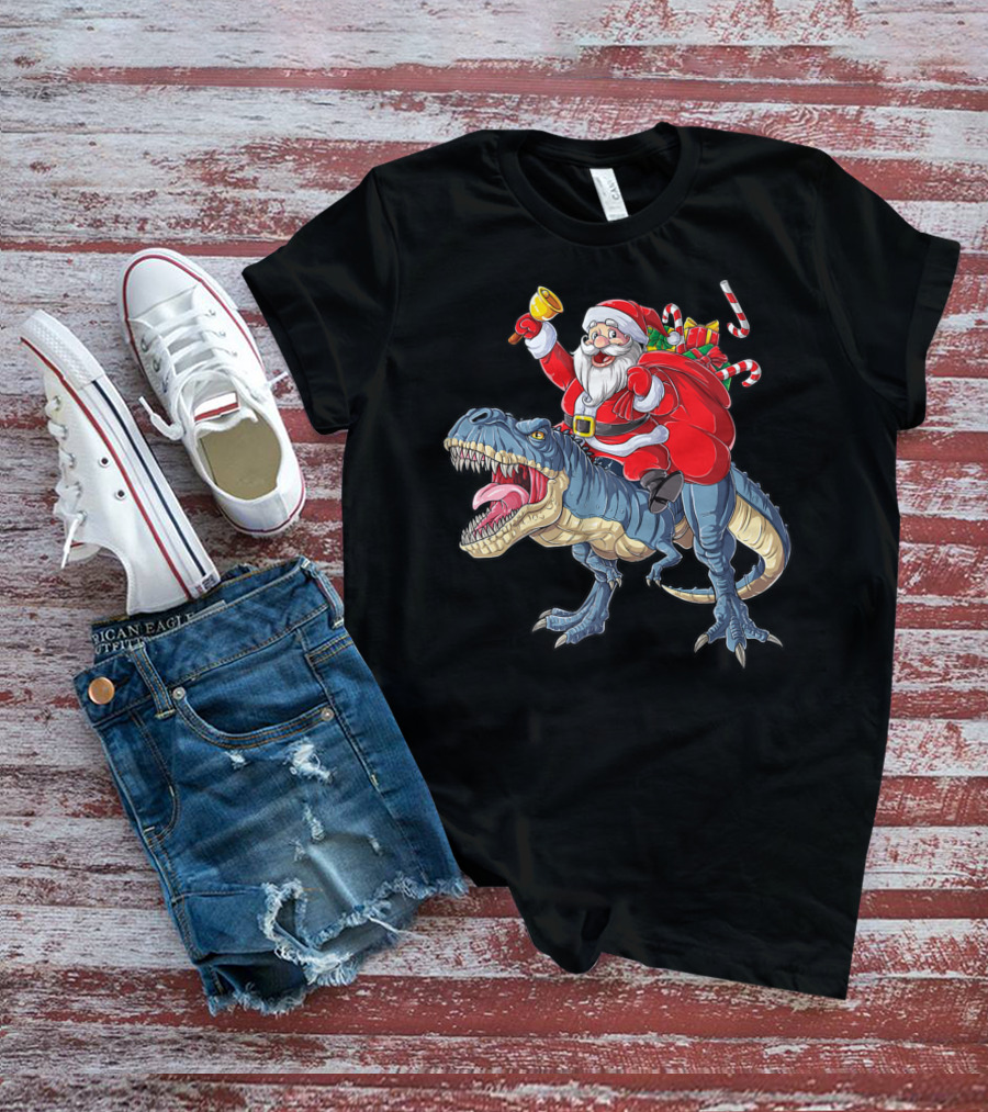 Santa Claus Riding Dinosaur With Bell And Holiday Gifts Christmas Boys Santa Rex Kids Xmas T3 T-Shirt