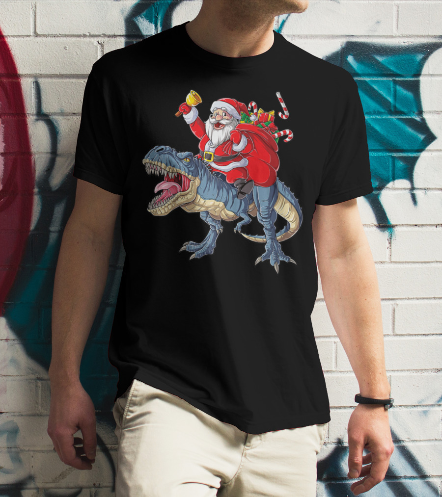 Santa Claus Riding Dinosaur With Bell And Holiday Gifts Christmas Boys Santa Rex Kids Xmas T3 T-Shirt