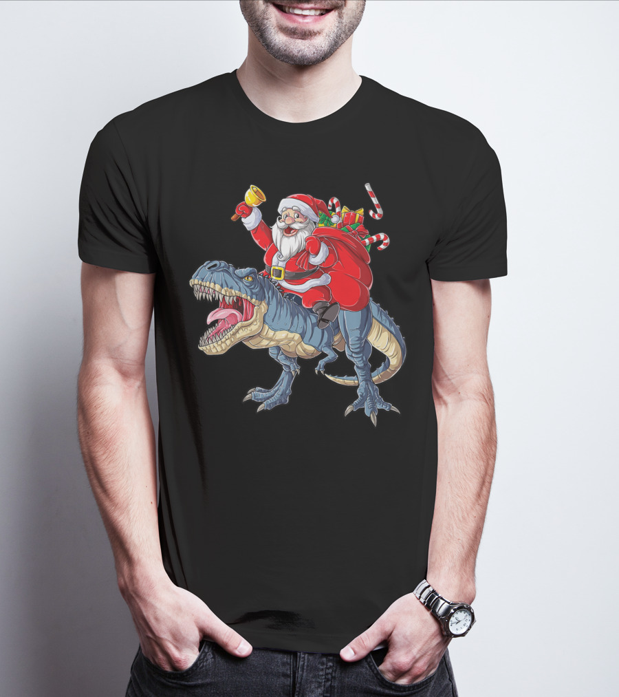 Santa Claus Riding Dinosaur With Bell And Holiday Gifts Christmas Boys Santa Rex Kids Xmas T3 T-Shirt