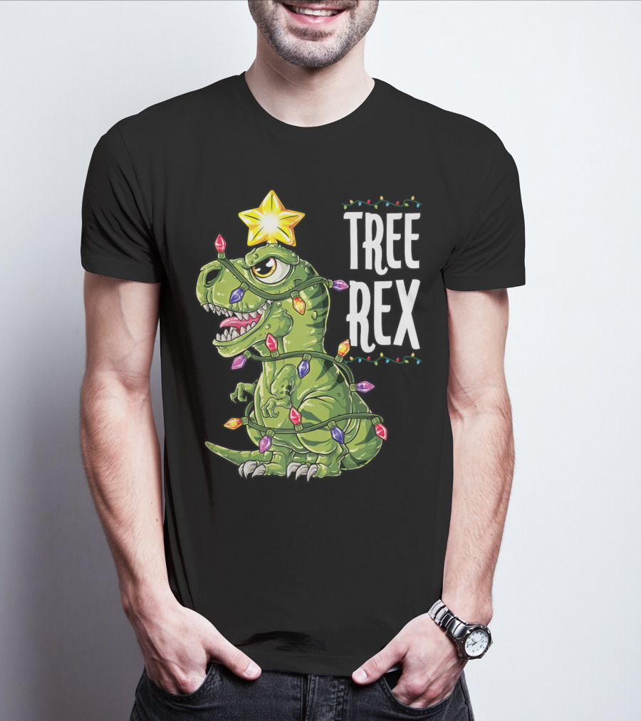 Tree Rex Dinosaur Christmas Lights And Star T-Shirt