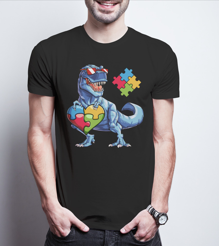 Dinosaur Holding Heart-Shaped Puzzle Pieces Autism Awareness T-Shirt