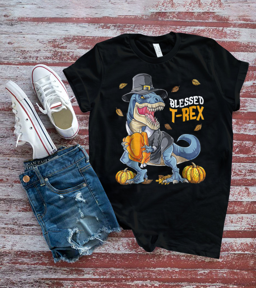 Blessed T-Rex Thanksgiving Pilgrim Dinosaur With Pumpkins T-Shirt
