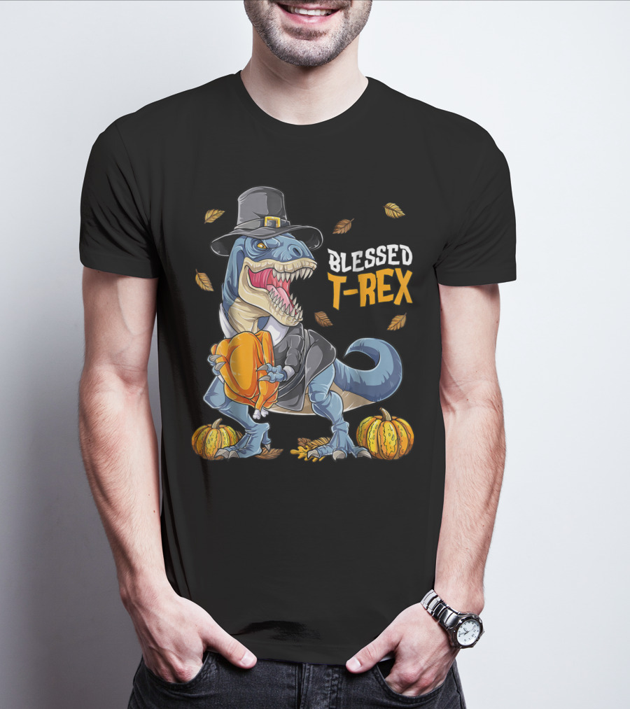 Blessed T-Rex Thanksgiving Pilgrim Dinosaur With Pumpkins T-Shirt