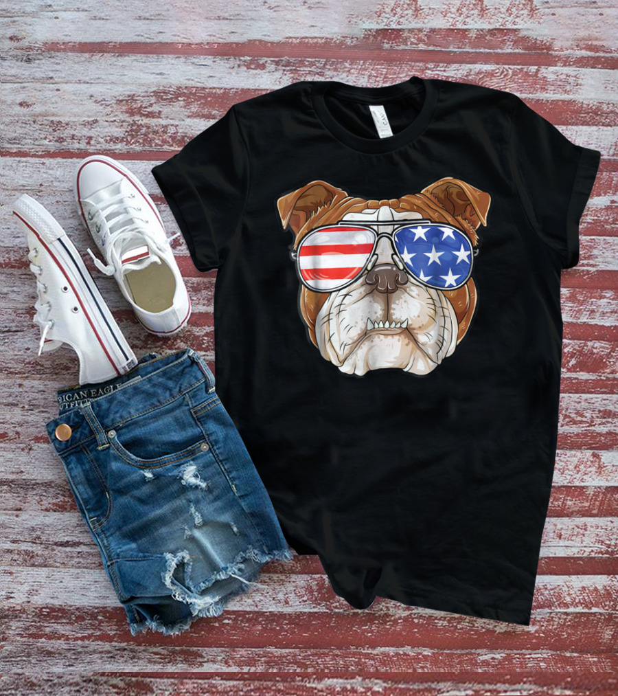 English Bulldog Wearing American Flag Sunglasses T-Shirt