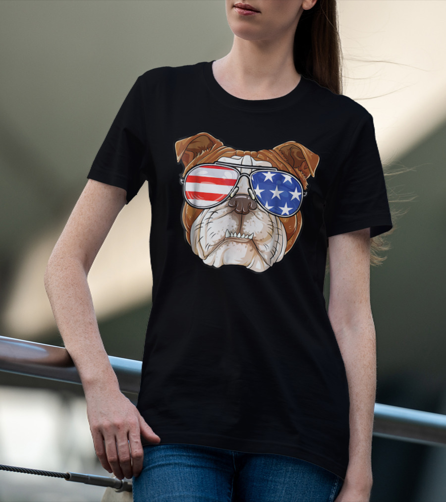 English Bulldog Wearing American Flag Sunglasses T-Shirt