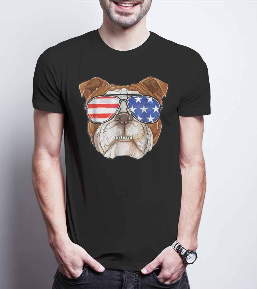 English Bulldog Wearing American Flag Sunglasses T-Shirt