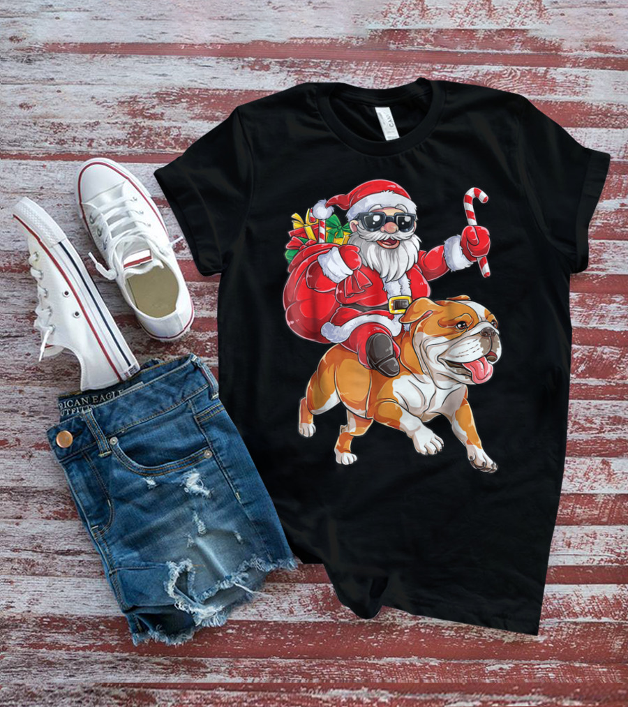 English Bulldog Santa Claus Riding With Candy Cane And Gifts Christmas Woofmas T-Shirt