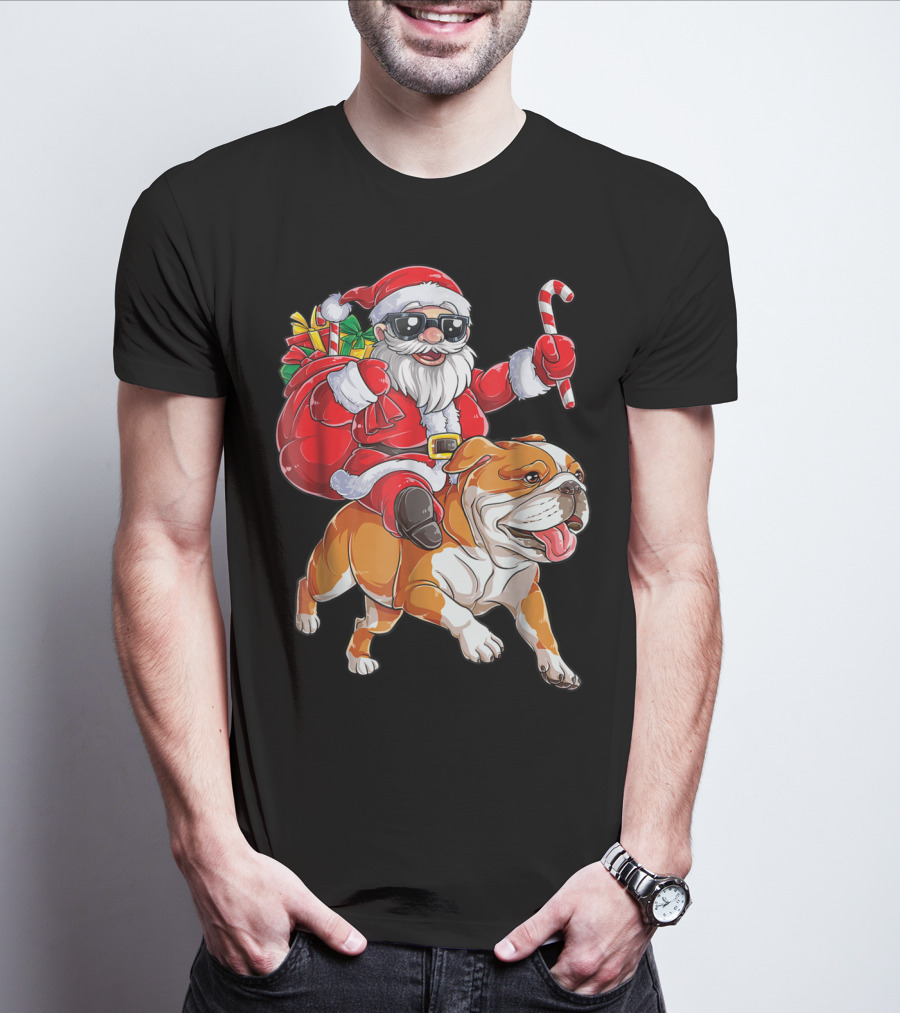 English Bulldog Santa Claus Riding With Candy Cane And Gifts Christmas Woofmas T-Shirt
