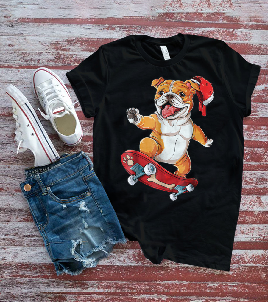 English Bulldog With Red Cap Skating On Bone Deck Skateboard T-Shirt