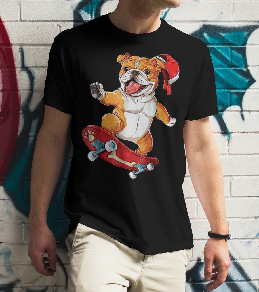 English Bulldog With Red Cap Skating On Bone Deck Skateboard T-Shirt