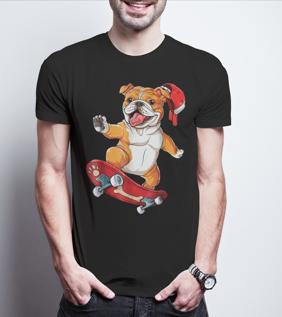 English Bulldog With Red Cap Skating On Bone Deck Skateboard T-Shirt