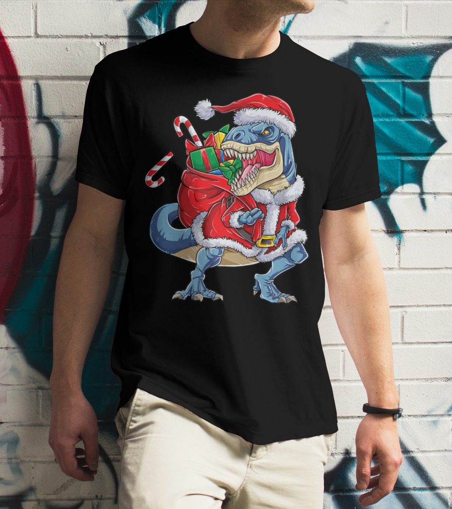 Dinosaur Christmas Boys Santa Rex With Candy Canes And Gifts T-Shirt