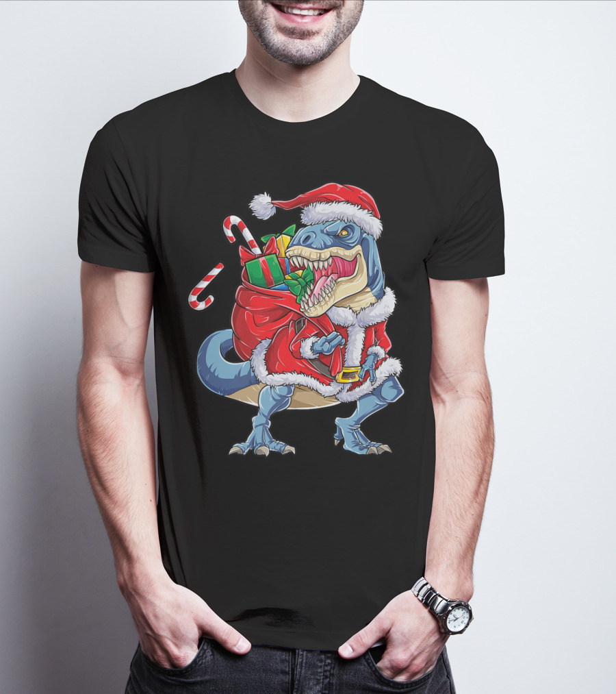 Dinosaur Christmas Boys Santa Rex With Candy Canes And Gifts T-Shirt