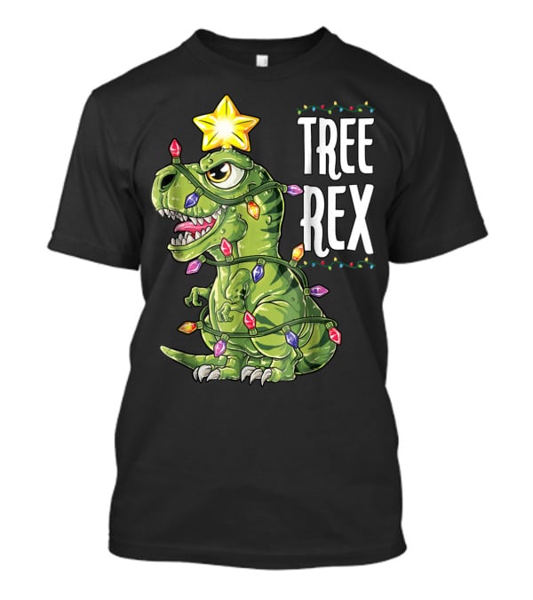 Tree Rex Dinosaur Wrapped In Christmas Lights With Star T-Shirt