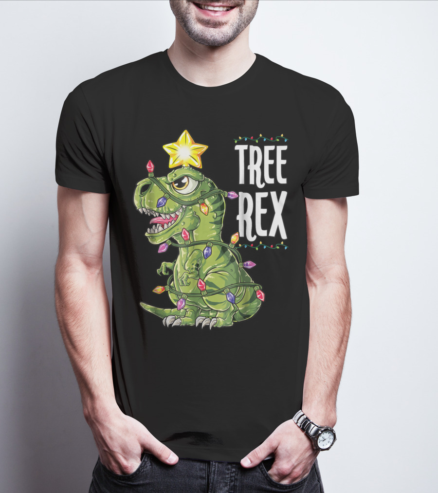 Tree Rex Dinosaur Wrapped In Christmas Lights With Star T-Shirt