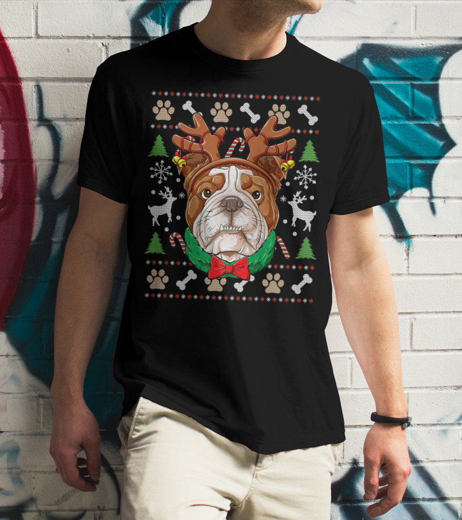 English Bulldog Reindeer Antlers Christmas Ugly T-Shirt