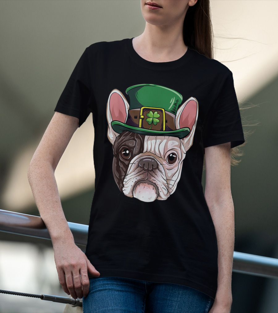 French Bulldog Leprechaun St Patricks Day Dog Wearing Green Hat With Shamrock T-Shirt