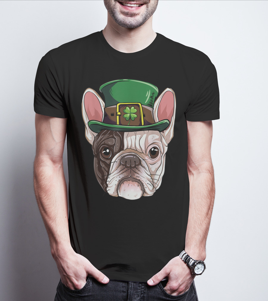 French Bulldog Leprechaun St Patricks Day Dog Wearing Green Hat With Shamrock T-Shirt