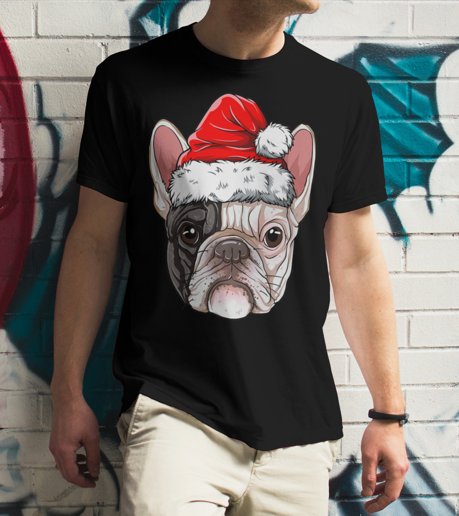 French Bulldog In Santa Hat Christmas T-Shirt