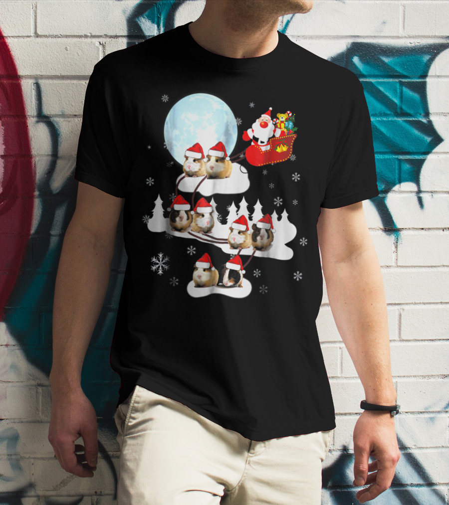 Santa Sleigh With Christmas Guinea Pigs And Snowflakes T-Shirt