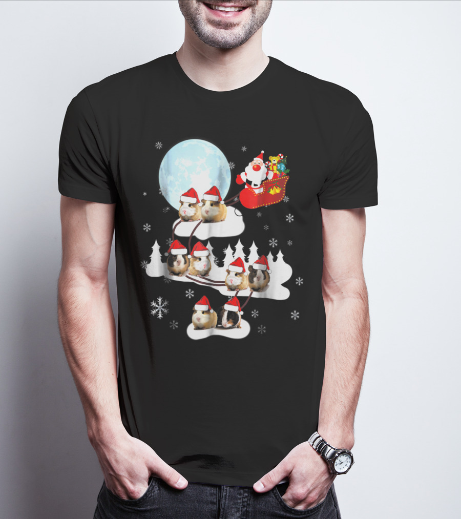 Santa Sleigh With Christmas Guinea Pigs And Snowflakes T-Shirt