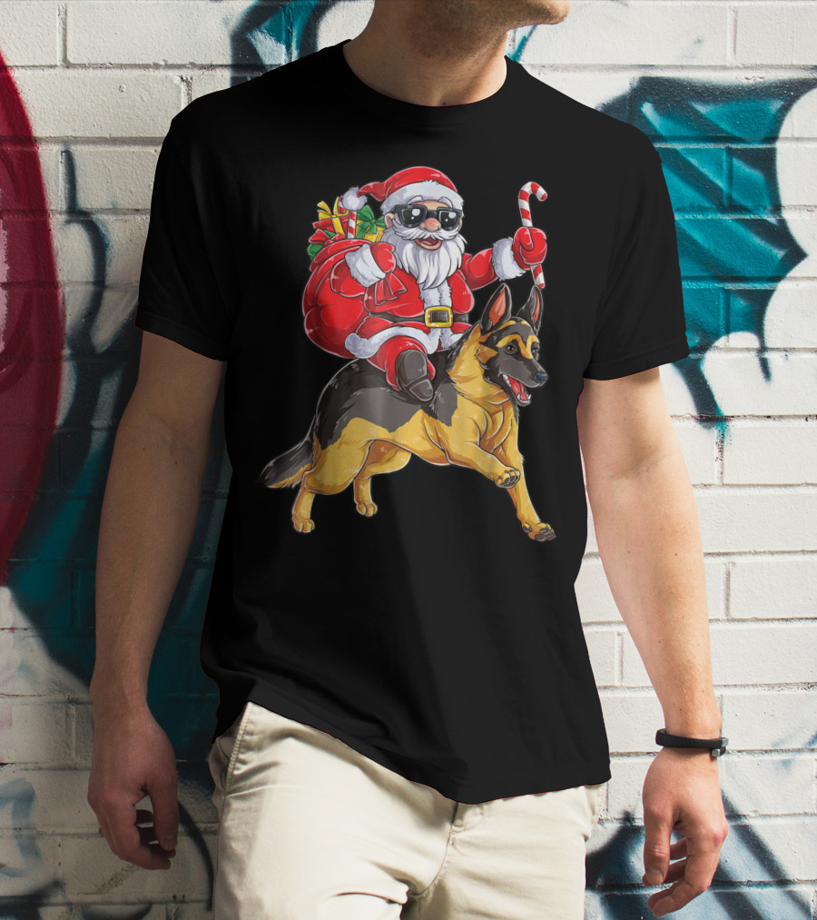German Shepherd Christmas Santa Claus Riding With Candy Cane Woofmas T8 T-Shirt