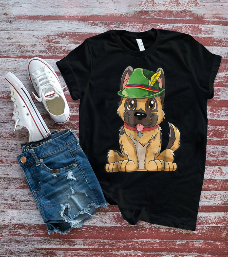 Cute German Shepherd Dog With Oktoberfest Hat Boys Lederhosen T-Shirt