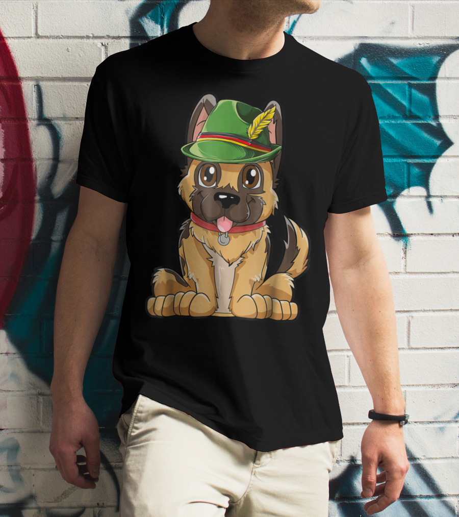 Cute German Shepherd Dog With Oktoberfest Hat Boys Lederhosen T-Shirt