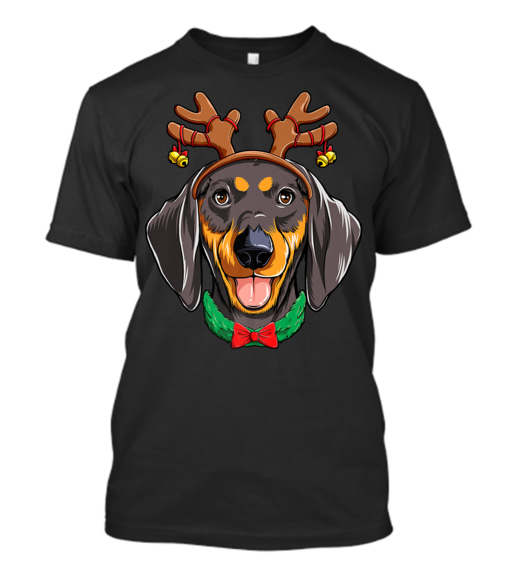 Dachshund With Christmas Reindeer Antlers And Festive Dog Bowtie T-Shirt