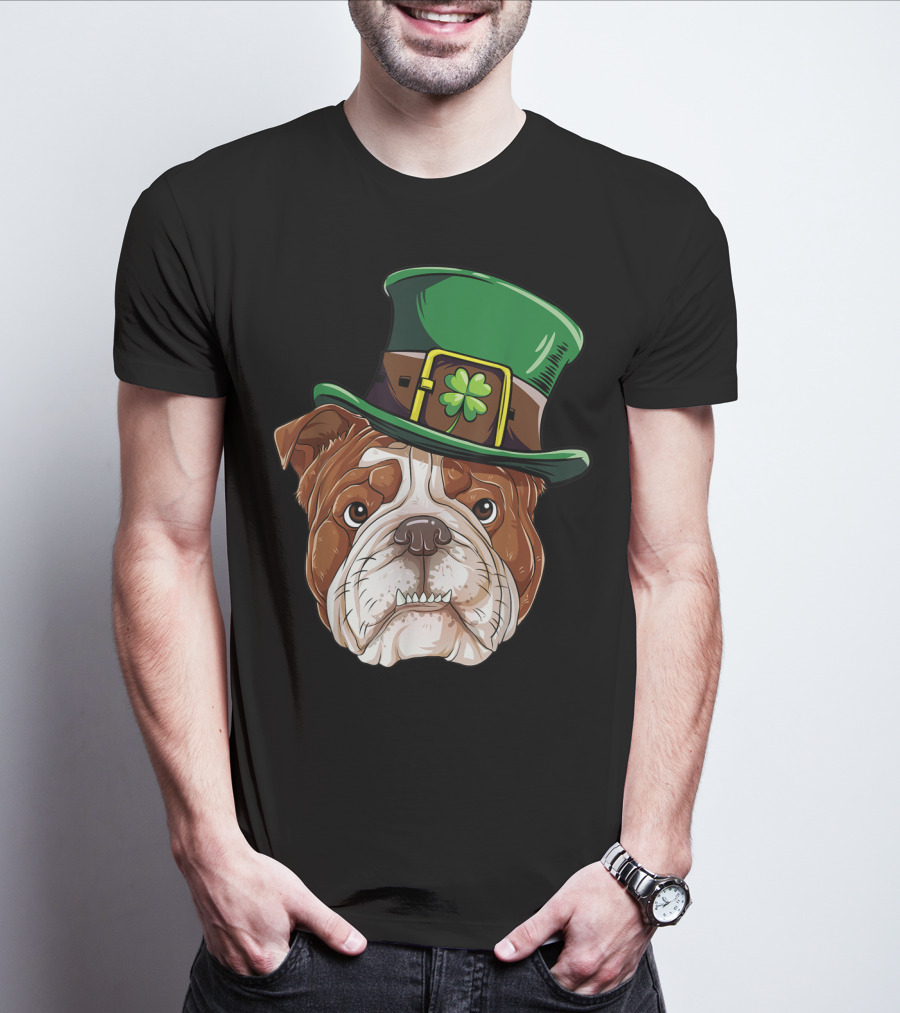 English Bulldog Wearing Leprechaun Hat St Patricks Day Dog T-Shirt