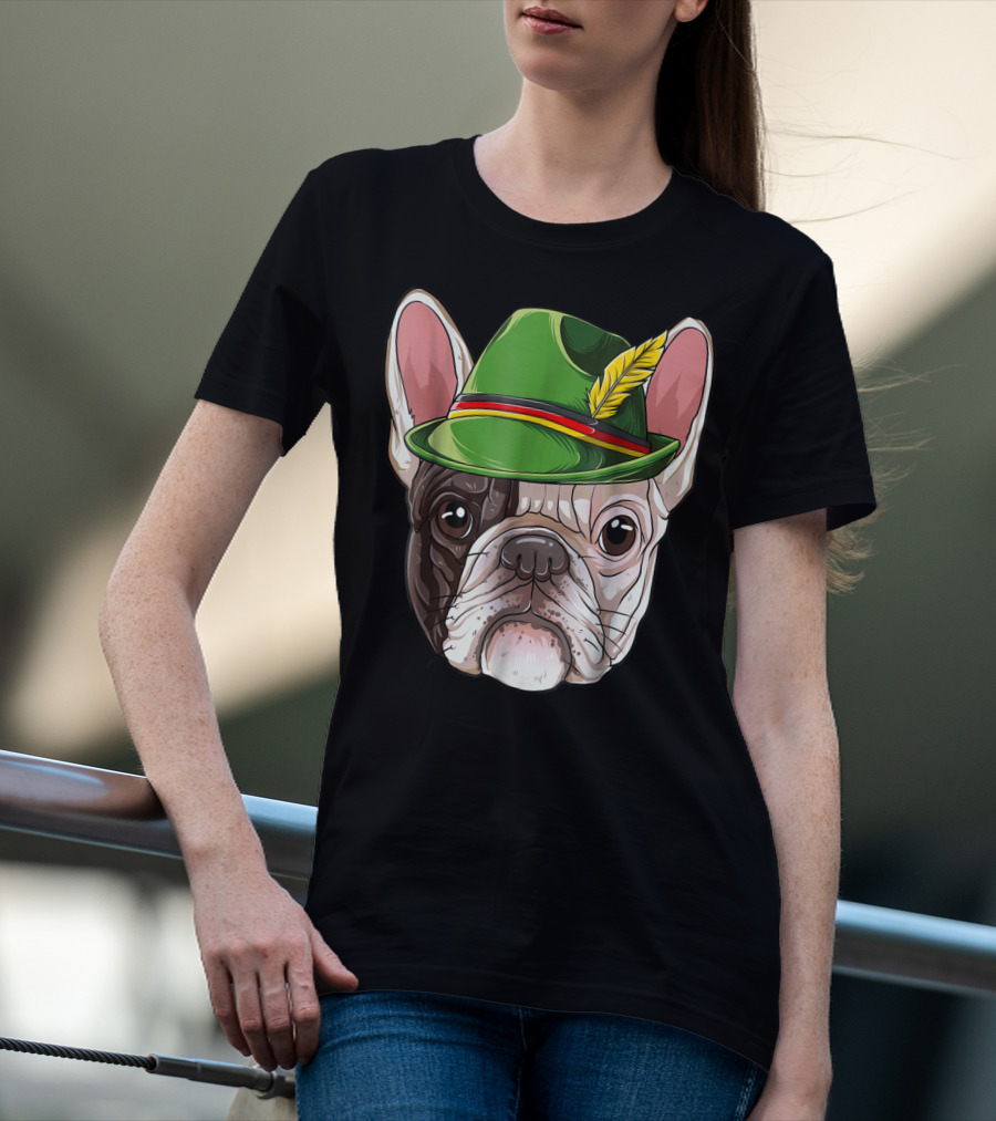 French Bulldog In Green Oktoberfest Hat With Feather T-Shirt