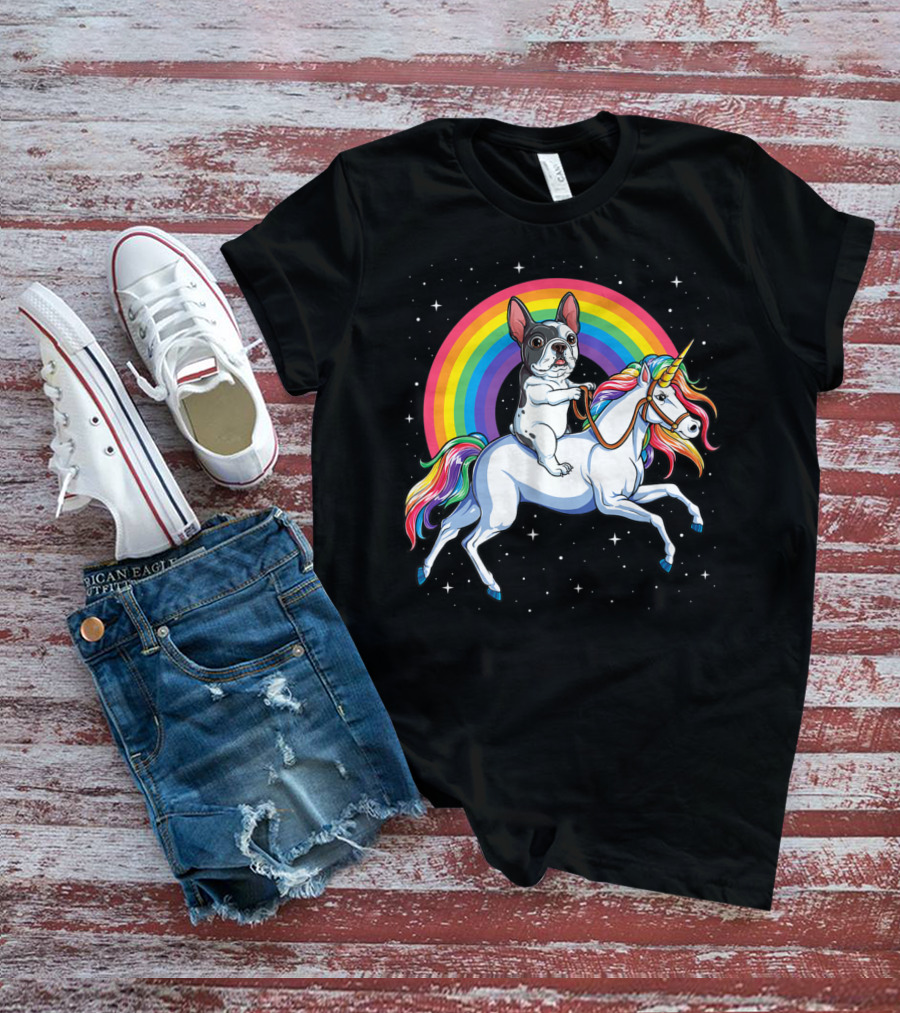 French Bulldog Riding Unicorn Rainbow Space Galaxy T-Shirt