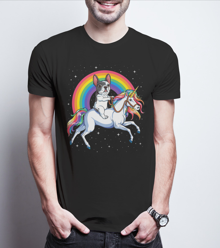 French Bulldog Riding Unicorn Rainbow Space Galaxy T-Shirt