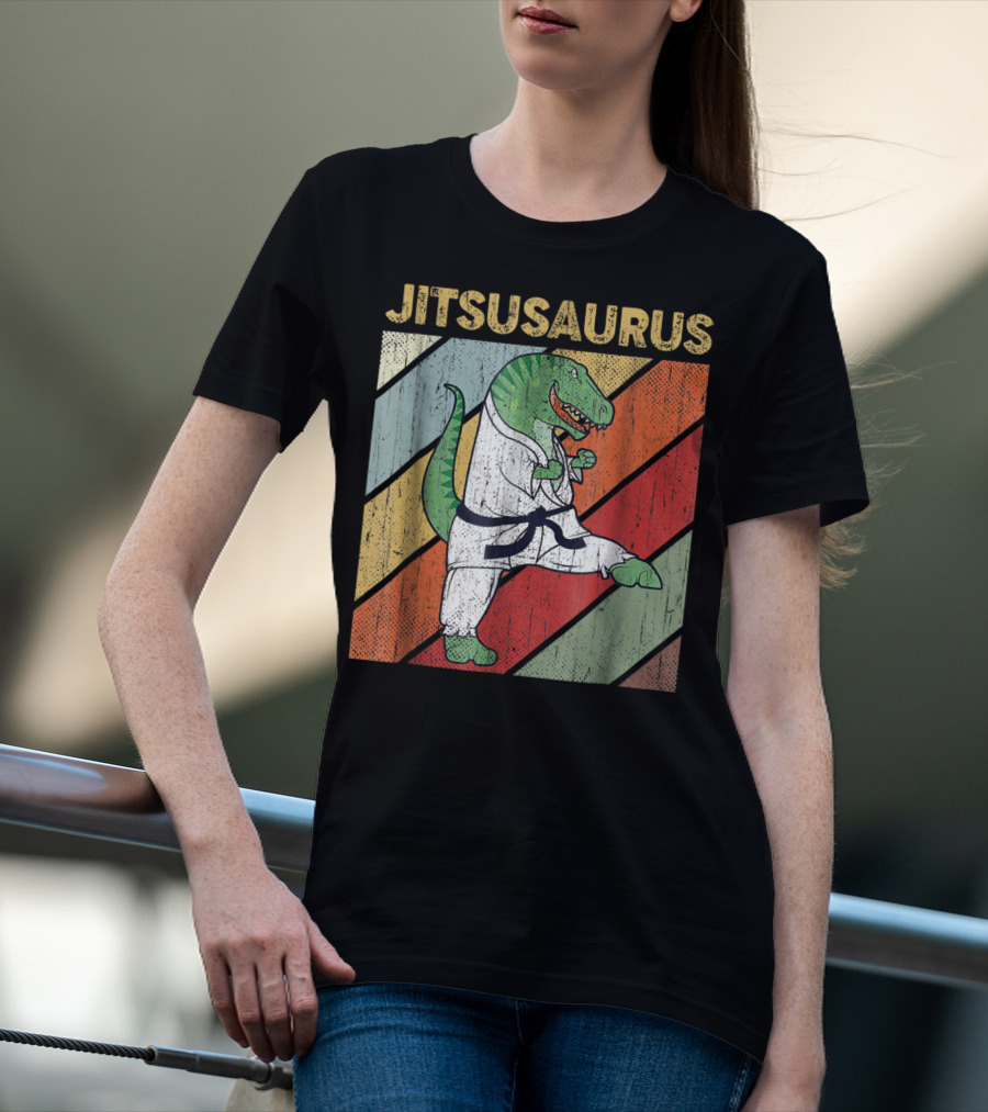Jitsusaurus Dinosaur In Martial Arts Gi With Vintage Stripes T-Shirt