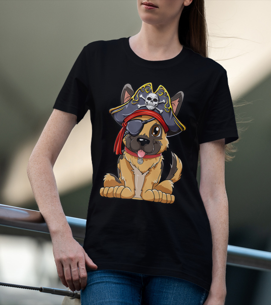 German Shepherd Pirate With Jolly Roger Skull Crossbones And Eyepatch T-Shirt