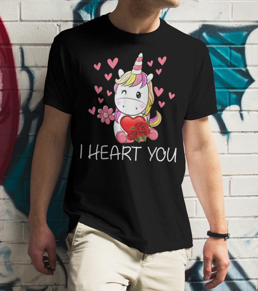 Girls Cute Unicorn I Heart You Roses Hearts T-Shirt