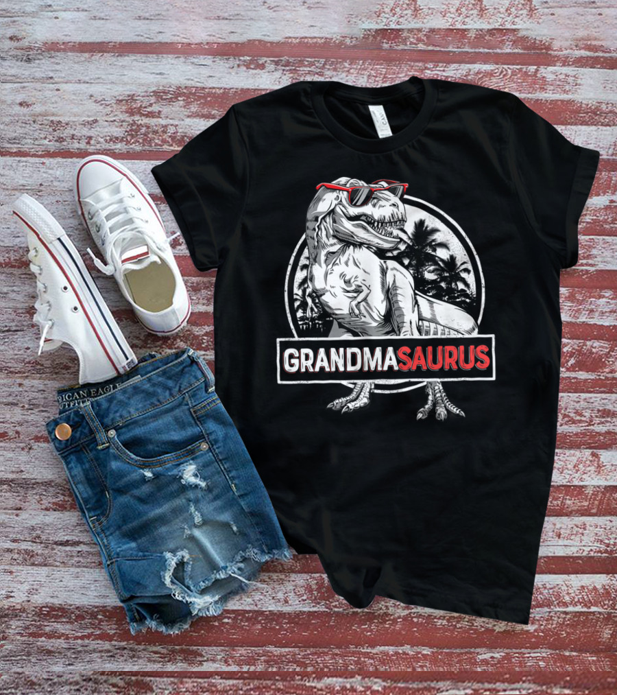 Grandmasaurus Rex Dinosaur Vintage Palm Trees Sunglasses T-Shirt