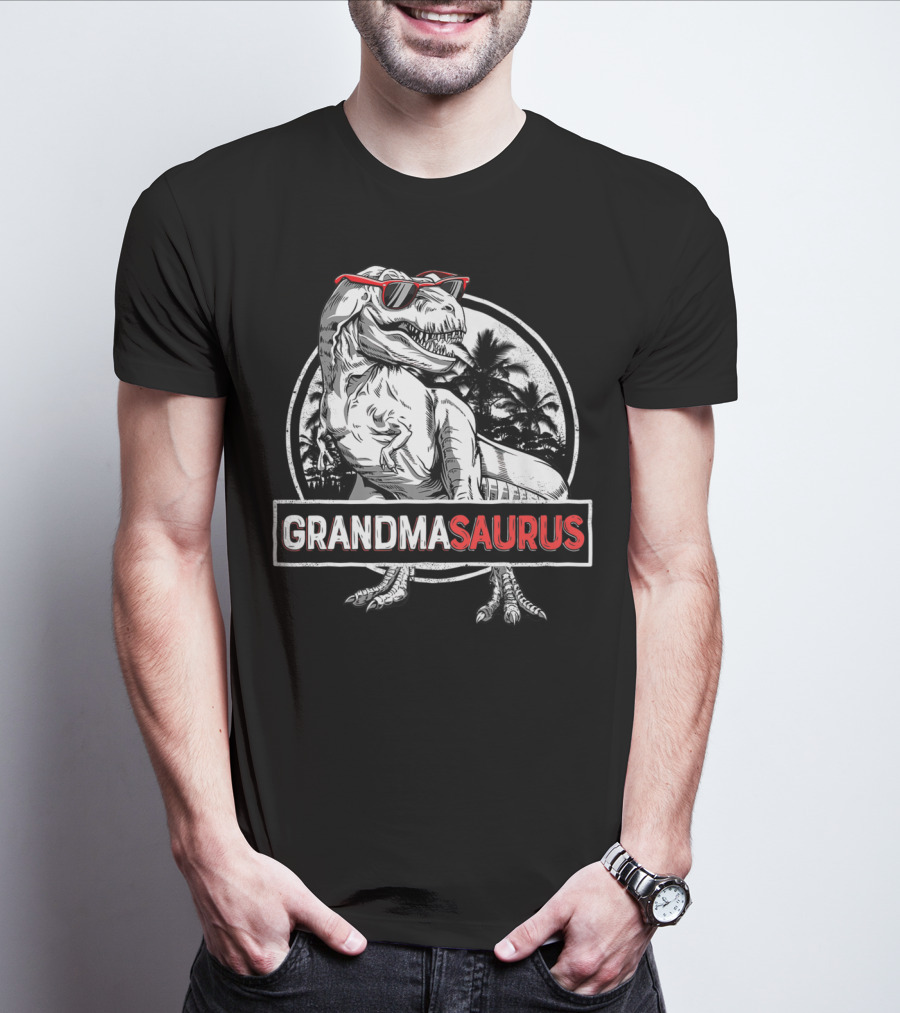 Grandmasaurus Rex Dinosaur Vintage Palm Trees Sunglasses T-Shirt