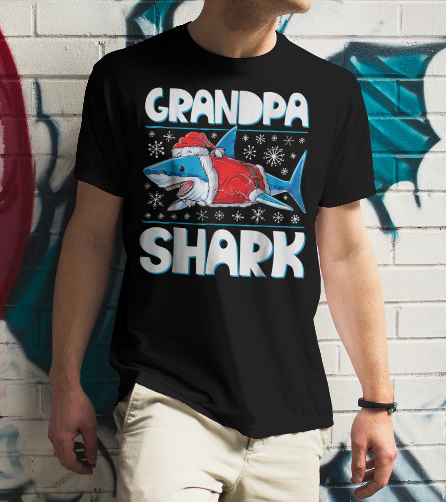 Grandpa Shark Santa With Snowflakes T-Shirt