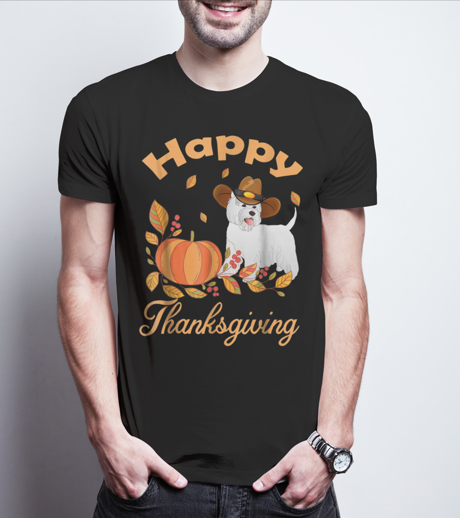 Happy Thanksgiving Westie Pilgrim Dog With Pumpkin And Leaves T-Shirt