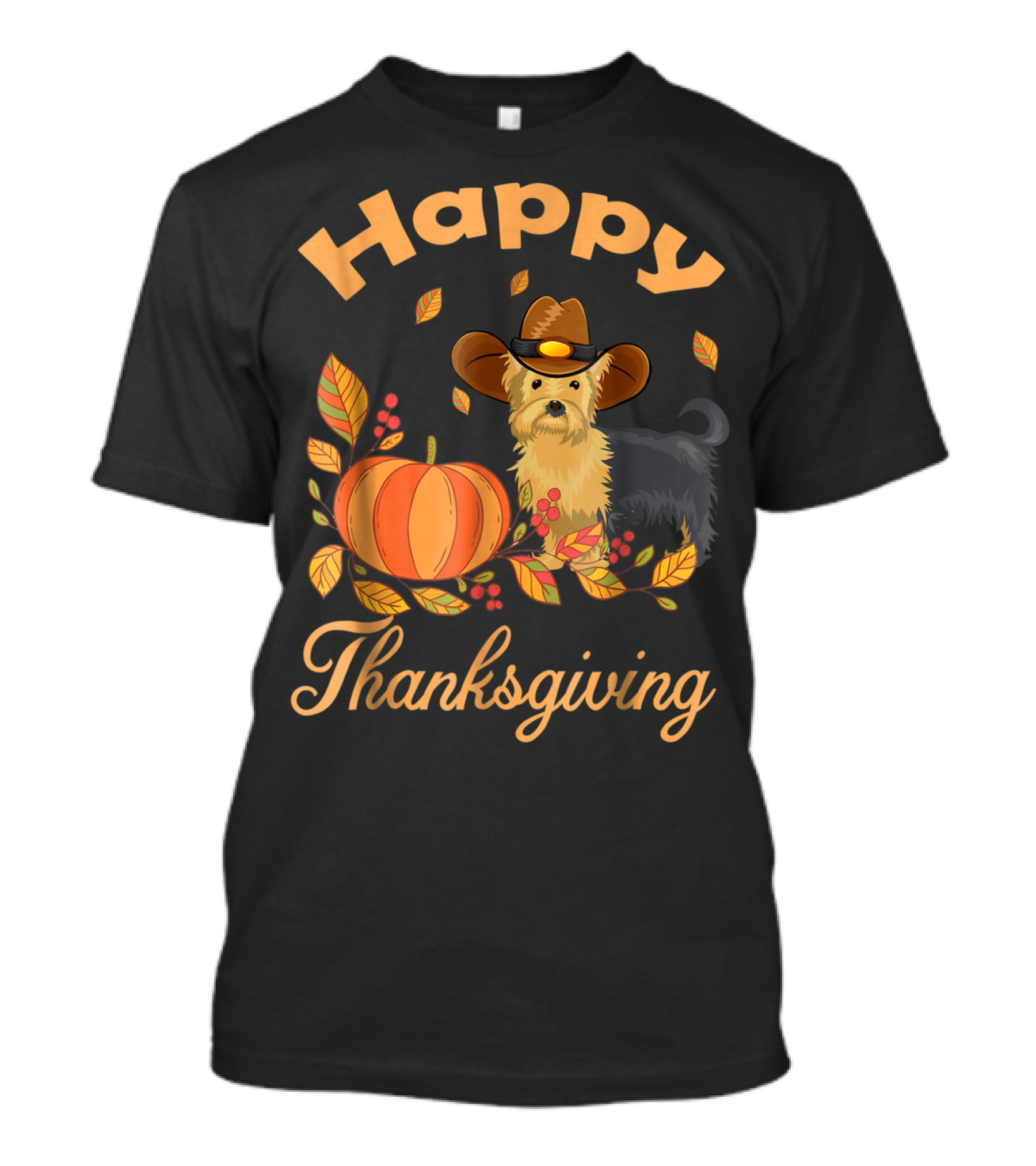 Happy Thanksgiving Yorkie With Pilgrim Hat And Autumn Pumpkin Leaves T-Shirt