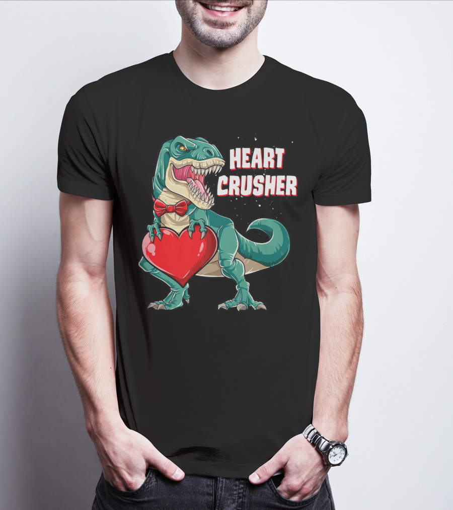 Heart Crusher Valentines Day Dinosaur Rex Bowtie Holding Heart T-Shirt