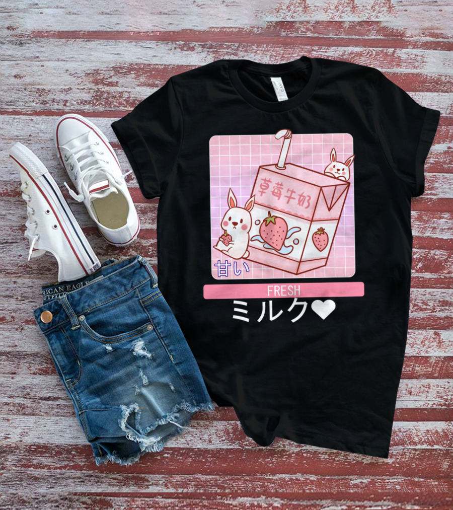 Fresh  Strawberry Milk Carton With Cute Bunny Aesthetic T-Shirt
