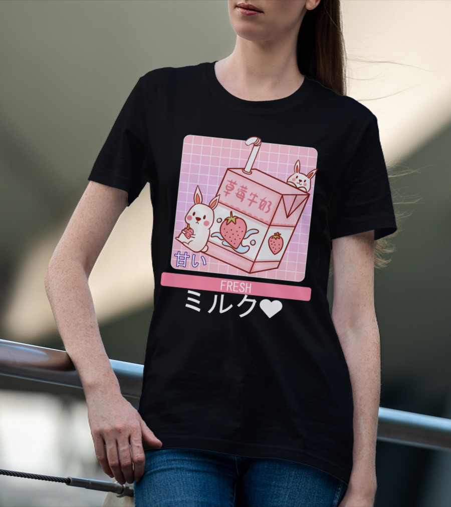 Fresh  Strawberry Milk Carton With Cute Bunny Aesthetic T-Shirt