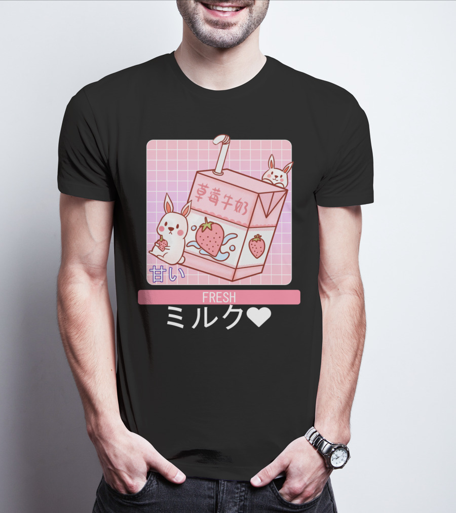 Fresh  Strawberry Milk Carton With Cute Bunny Aesthetic T-Shirt