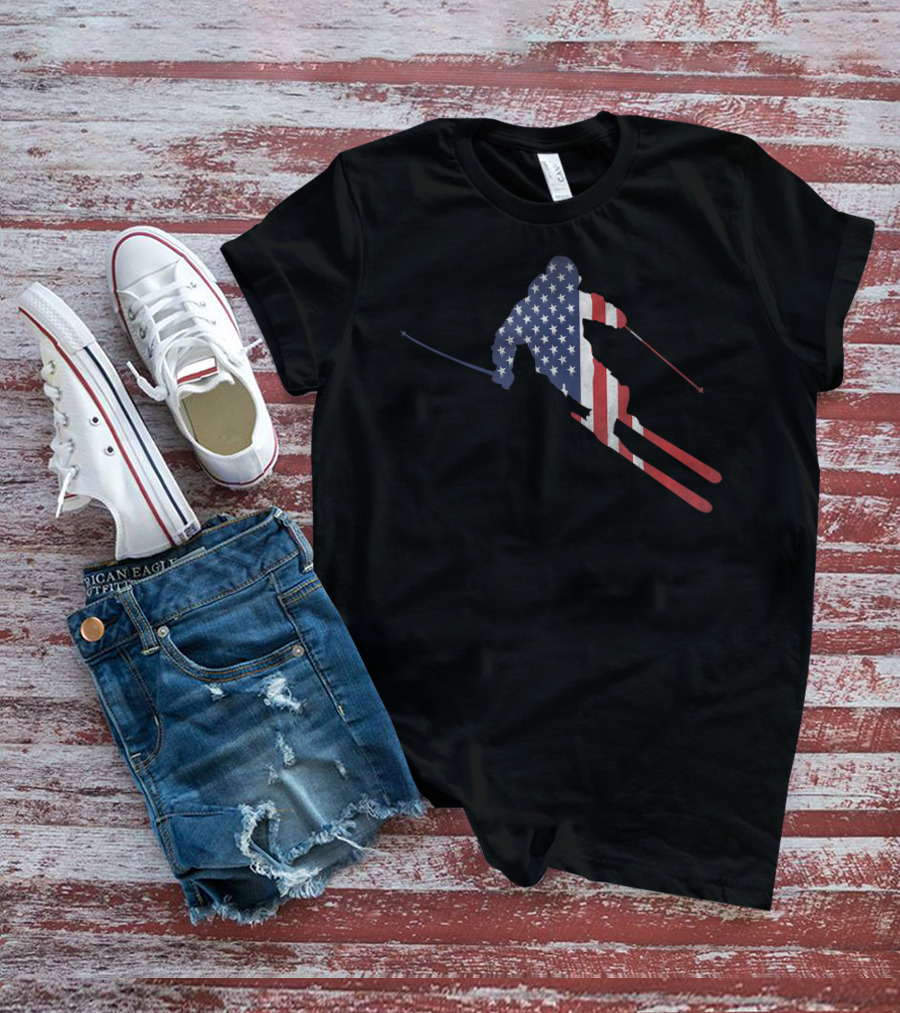 American Flag Skiing Silhouette For US Skiers T-Shirt