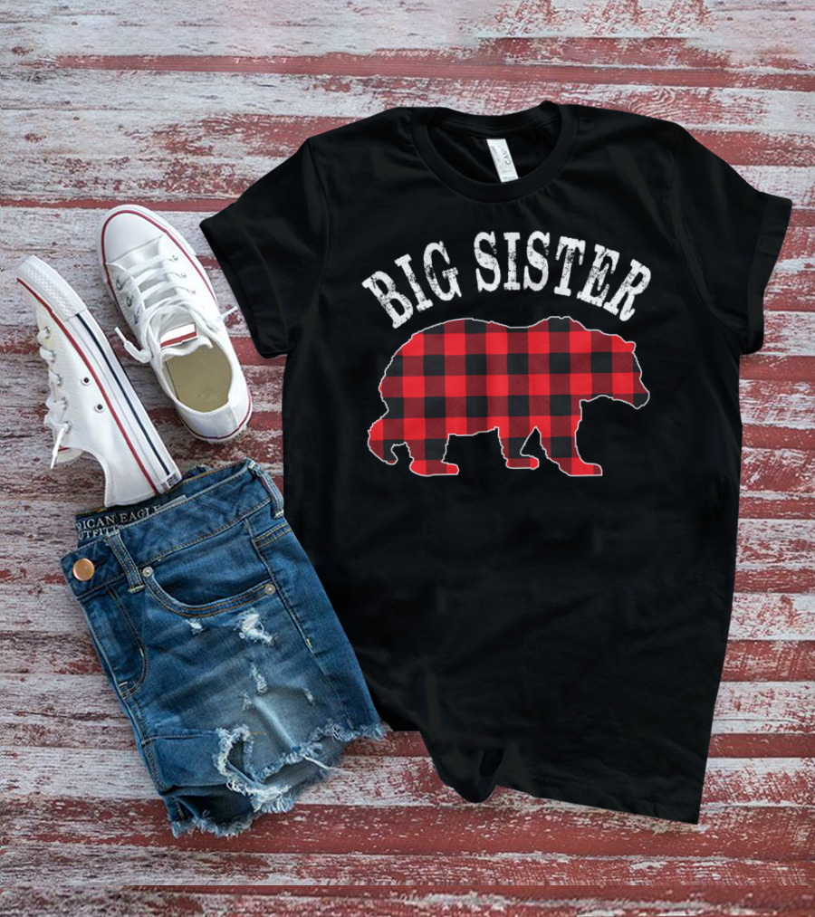 Big Sister Bear Red Black Buffalo Plaid T-Shirt