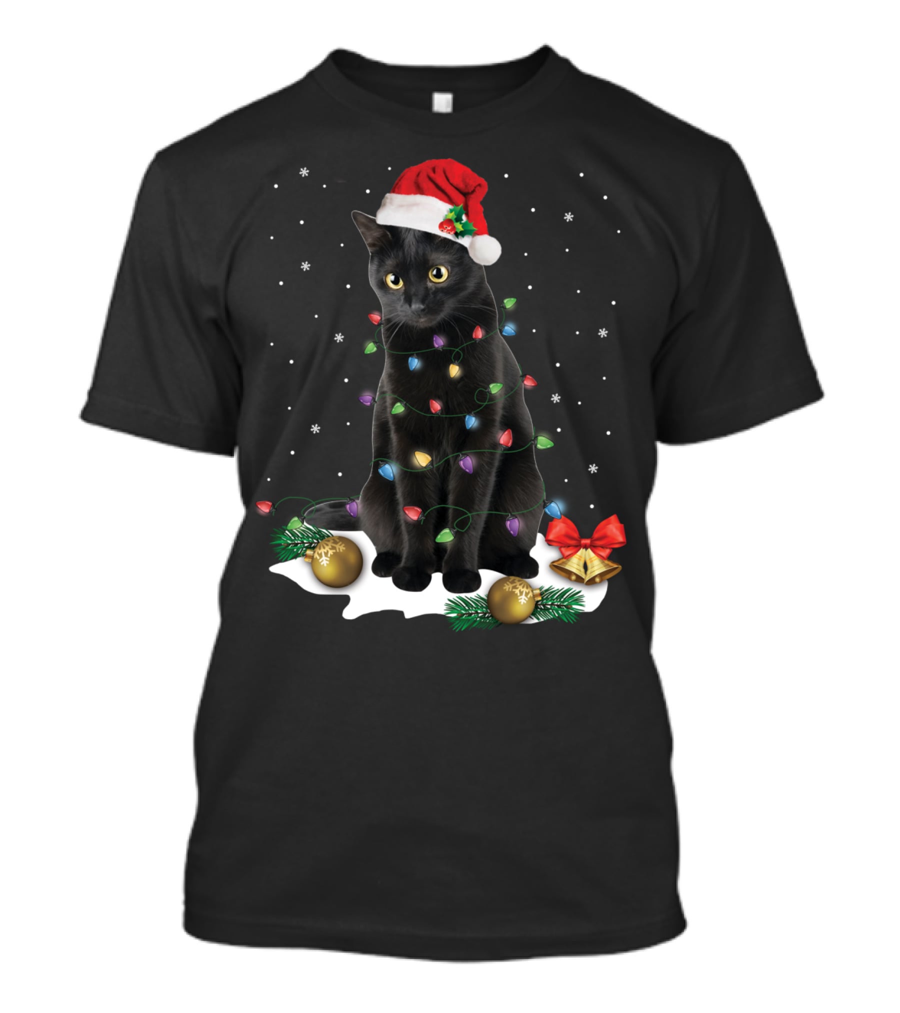 Black Cat Santa Christmas Lights Funny Cat Dad Festive Holiday T-Shirt